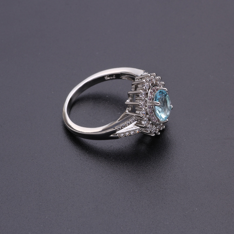 2023 Cross border Hot Sale Blue Crystal Diamond Ring Fashion Blue Topaz Women's Gem Ring