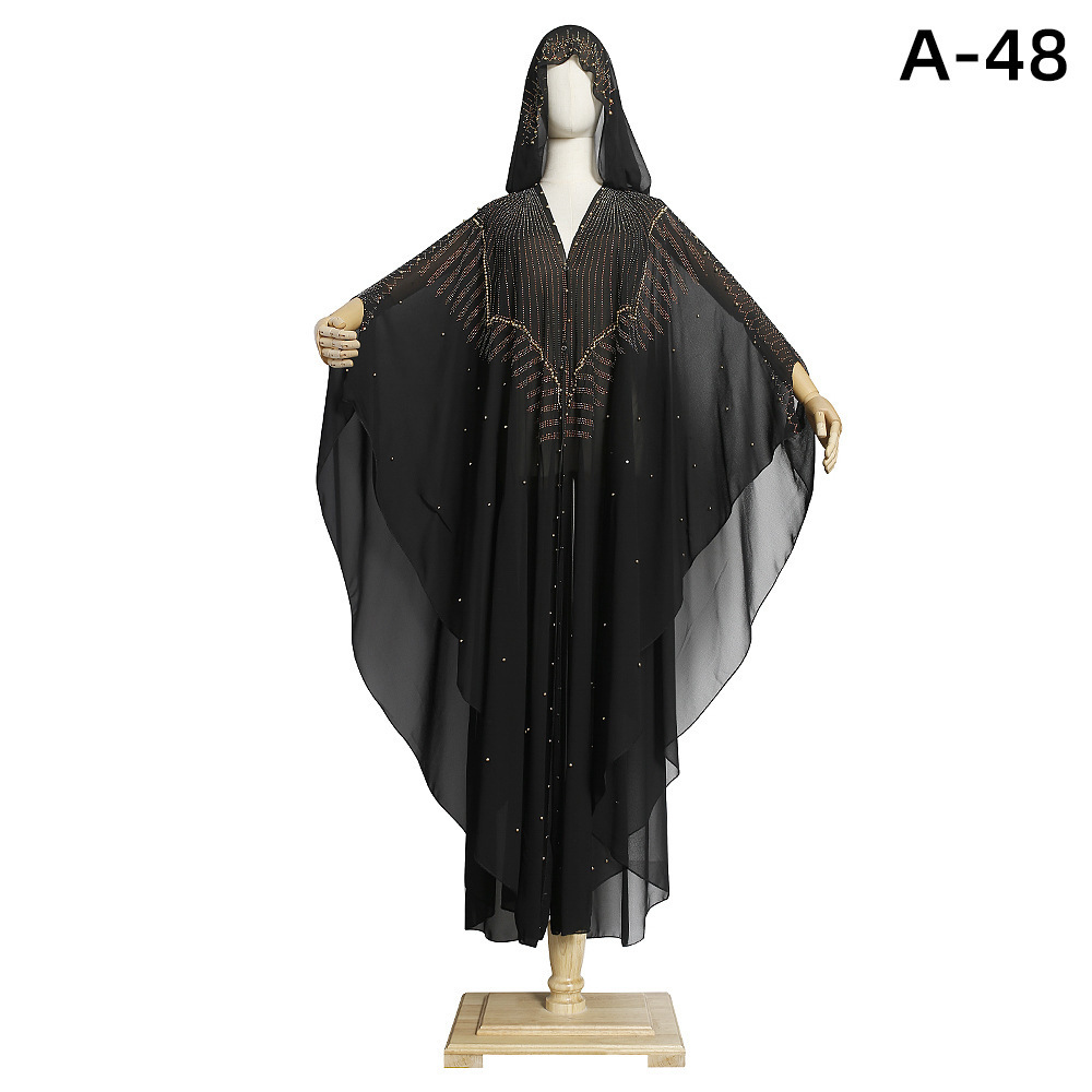 2024  Factory African Muslim Hooded Abaya Rhinestone Beaded Large Size Women Chiffon Islamic Dresses Abaya