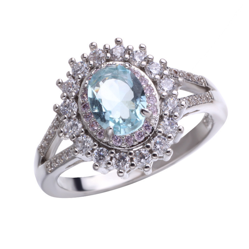 2023 Cross border Hot Sale Blue Crystal Diamond Ring Fashion Blue Topaz Women's Gem Ring