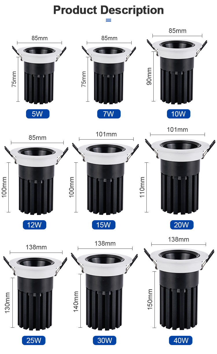 7w15w25w40w  commercial spot Round housing dimmable recessed led downlight dali dimmable recessed downlight adjustable