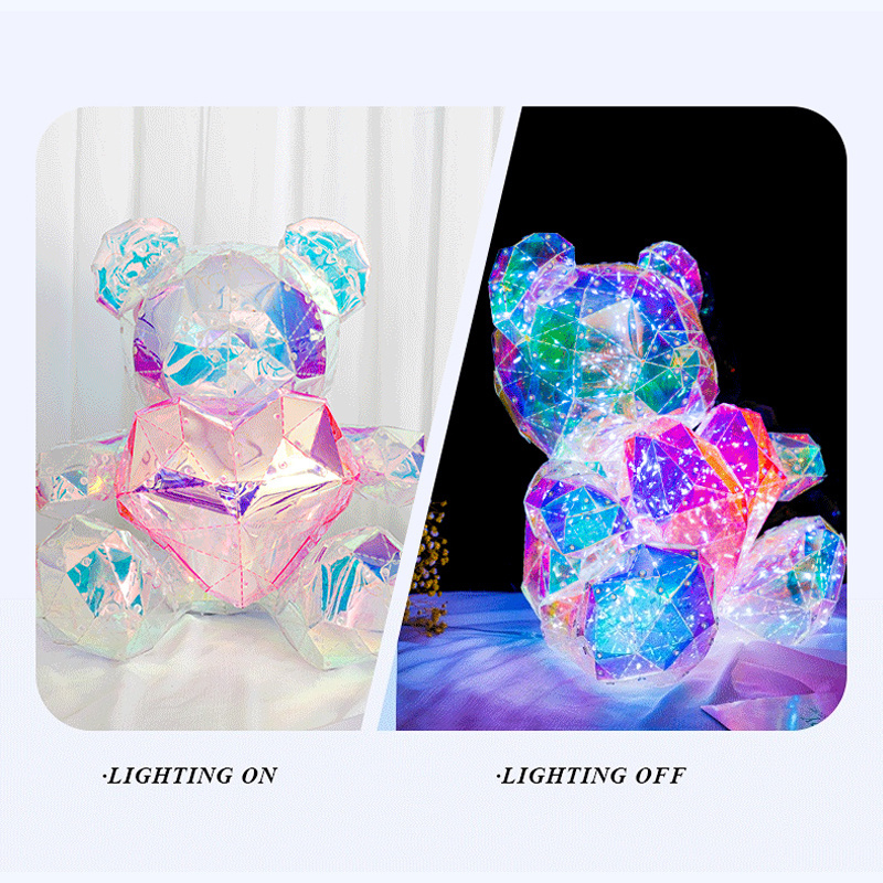 Mother's Day Valentines Day Gift 2024 LED LIGHT With Red Pink Heart BEAR Holographic Pvc USB 30CM Teddy Bear