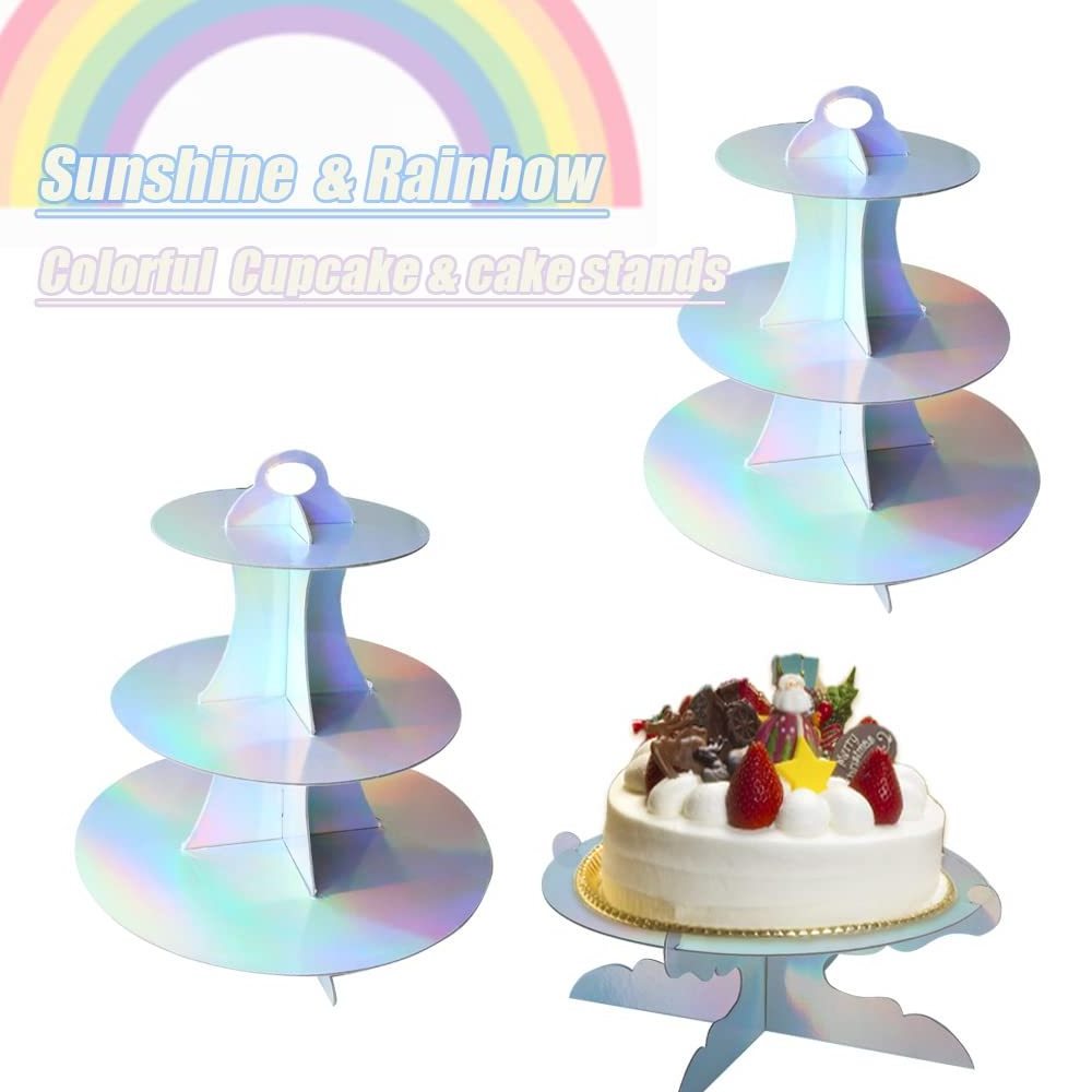 Paper Dessert Tray Birthday Wedding Event Decoration Rainbow Cardboard Cupcake Stand 3 Cake Holder Cup Cake Stand