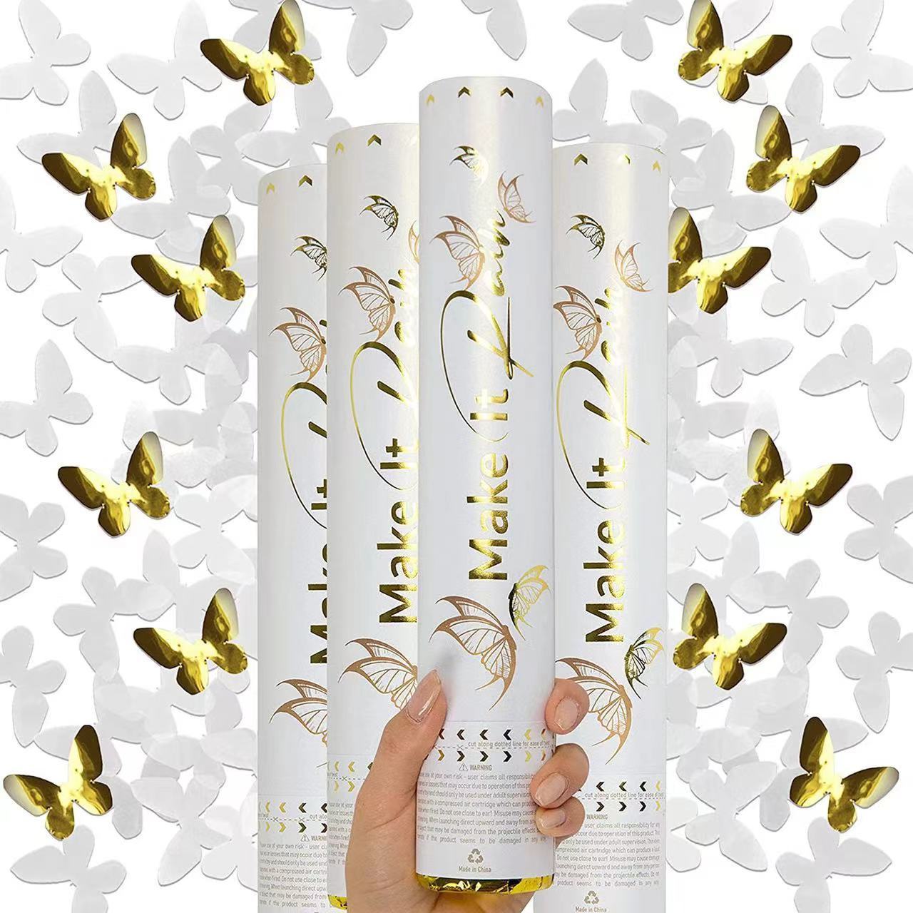 Wholesale 30cm Confetti Cannon White And gold Butterfly Graduation Wedding Decoration Shooting Surprise Popper Confetti