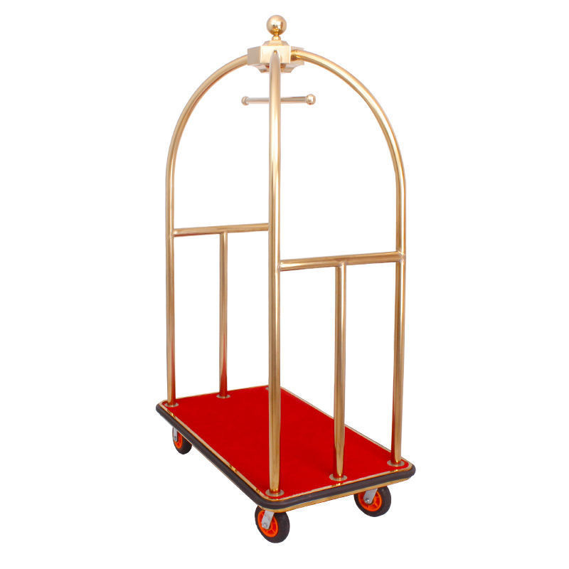 High Quality Golden Stainless Steel Hotel Luggage Carriers Bellman Cart Gold Top Hand-Pushed Dismantling Luggage Car