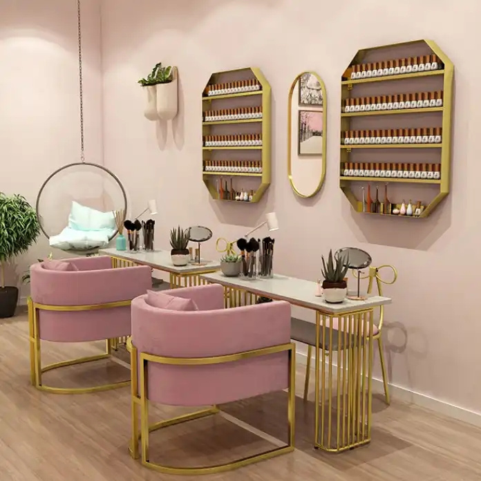 Light luxury gold gonail table modern minimalist makeup table nail salon popular nail table with pink chair