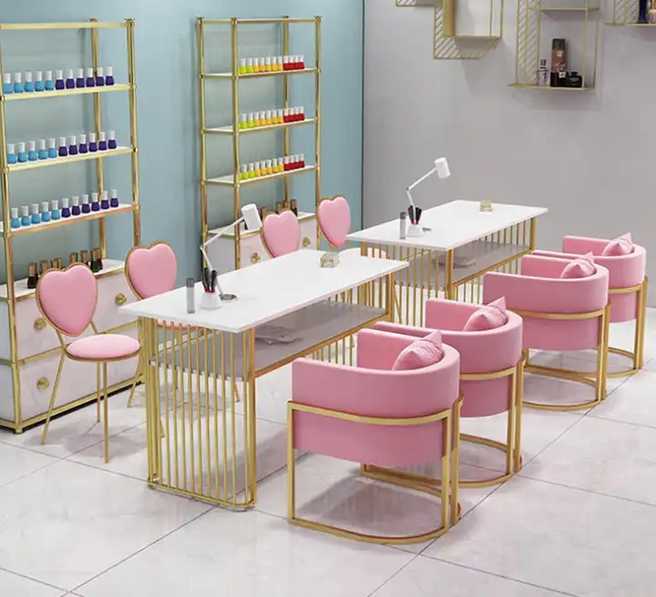 Light luxury gold gonail table modern minimalist makeup table nail salon popular nail table with pink chair