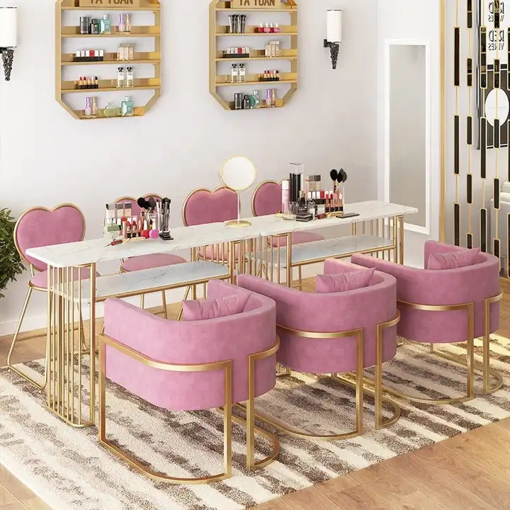 Light luxury gold gonail table modern minimalist makeup table nail salon popular nail table with pink chair