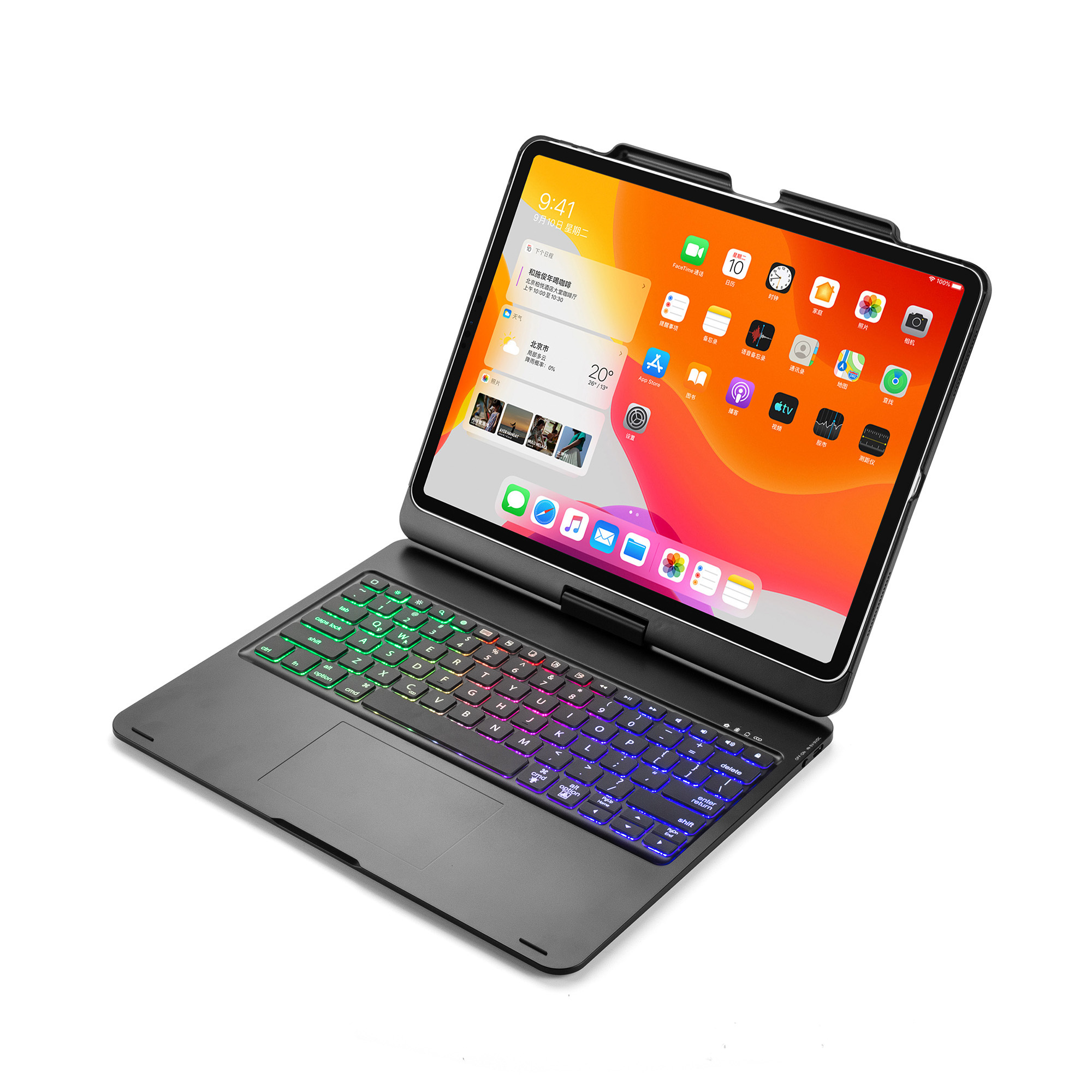 360 Rotate RGB Backlight Keyboard Blue tooth Wireless Keyboard with Case for Ipad Pro 12.9 inch 2018 / 2020 With Pencil Holder