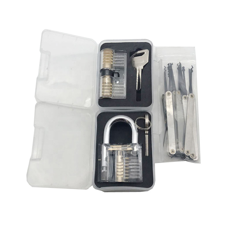 2pcs transparent Cutaway Practice Padlock set with 15pcs Unlocking Lock Picks Set Key Extractor locksmith tools