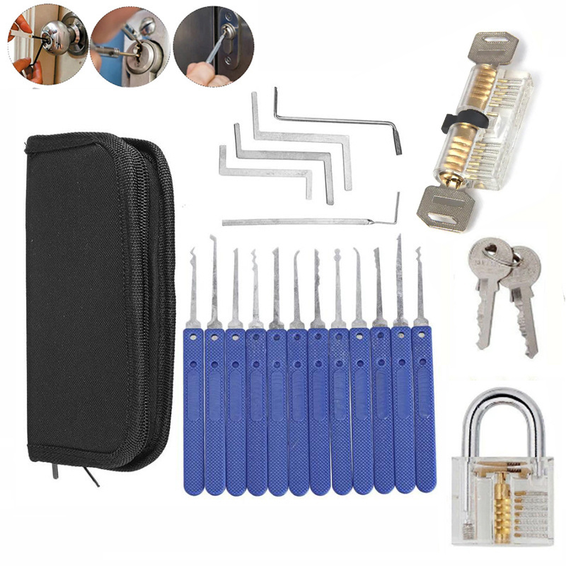 17 Pick Cutaway transparent lock pick Practice Padlock Lock With Broken Key Removing Hook Kit Extractor Set lockpicking