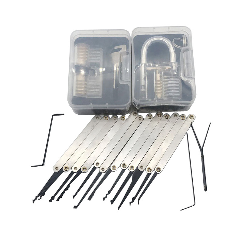 2pcs transparent Cutaway Practice Padlock set with 15pcs Unlocking Lock Picks Set Key Extractor locksmith tools