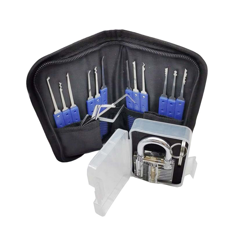 wholesale 12pcs Blue Handle Unlocking Lock Picking kit Key Extractor Tool Transparent Practice Padlocks CHina supplies