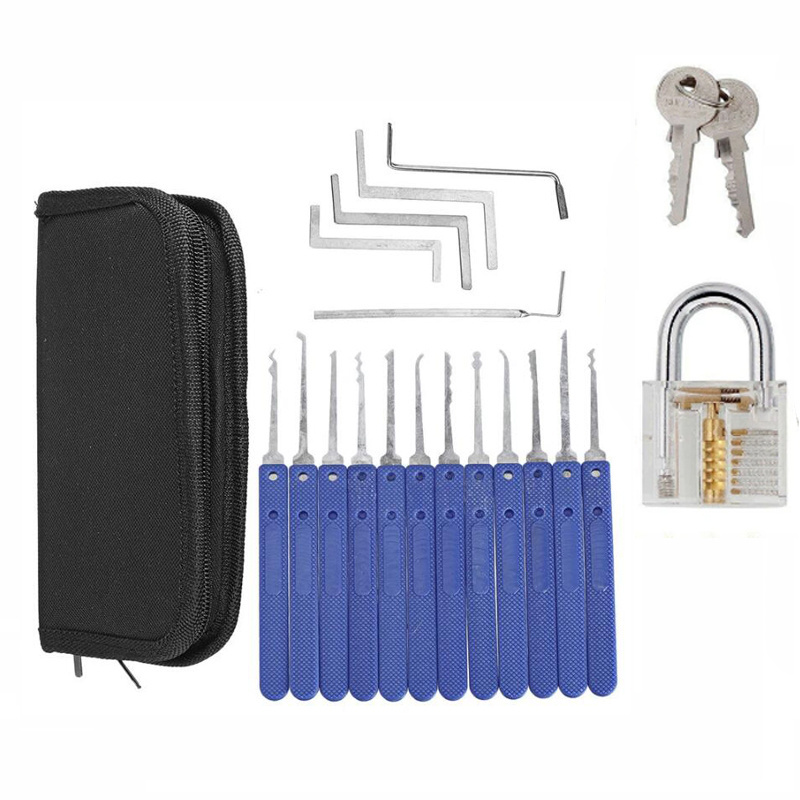 wholesale 12pcs Blue Handle Unlocking Lock Picking kit Key Extractor Tool Transparent Practice Padlocks CHina supplies