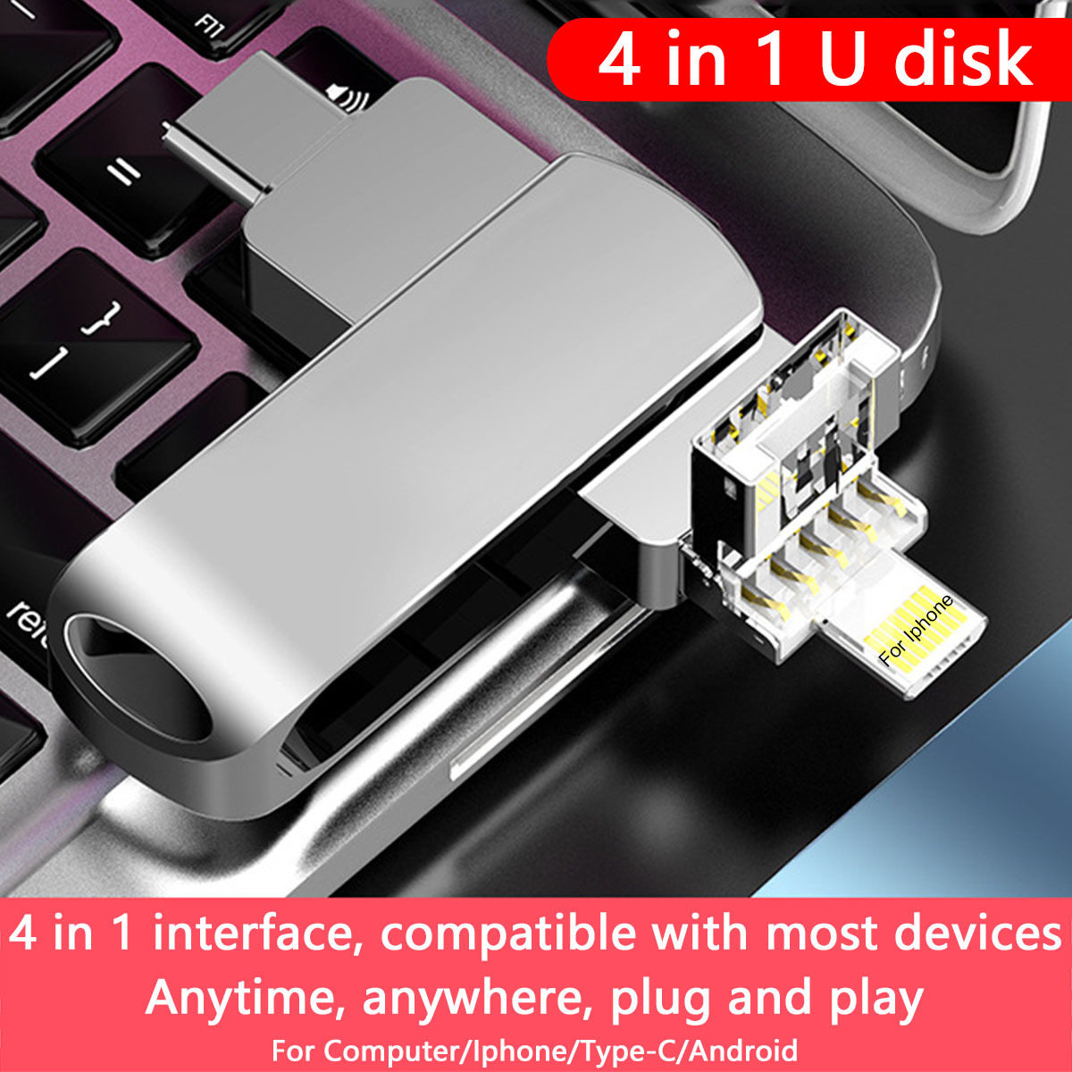 4 in 1  usb flash drive 32GB 64GB 128GB 256GB flash drive USB 2.0 micro metal data storage USB thumb drive forI phone