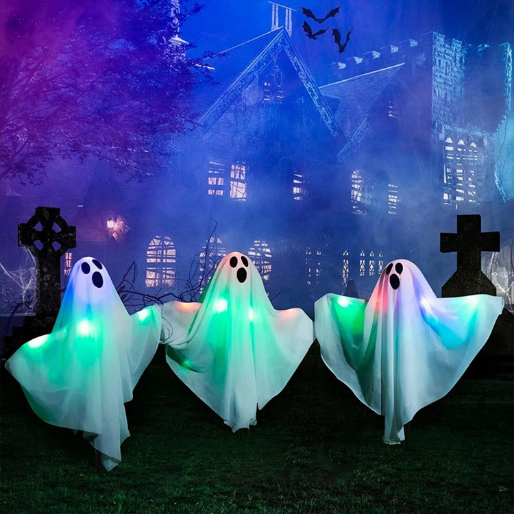 Hstyle Halloween Ghosts Decorations Lights Ghost Pathway Stake Lights Waterproof Halloween Ghost Yard Stakes for Marker Lighting