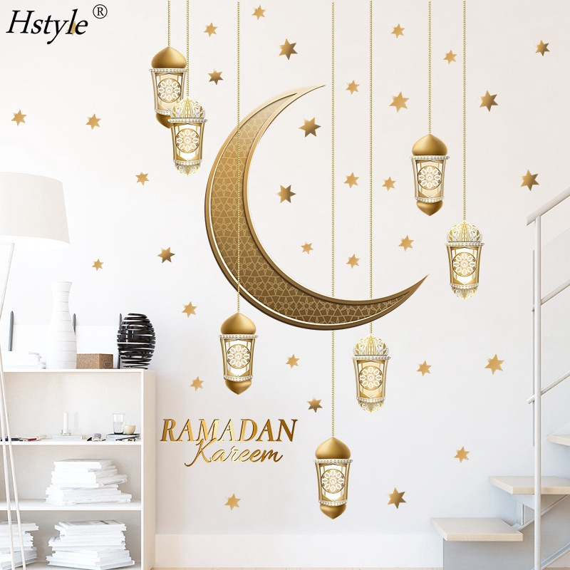 Ramadan Kareem Moon Star Home Decal Gold Castle Wall Sticker Eid Mubarak Ramadan Ceiling Decorations for Home Window XJ0619