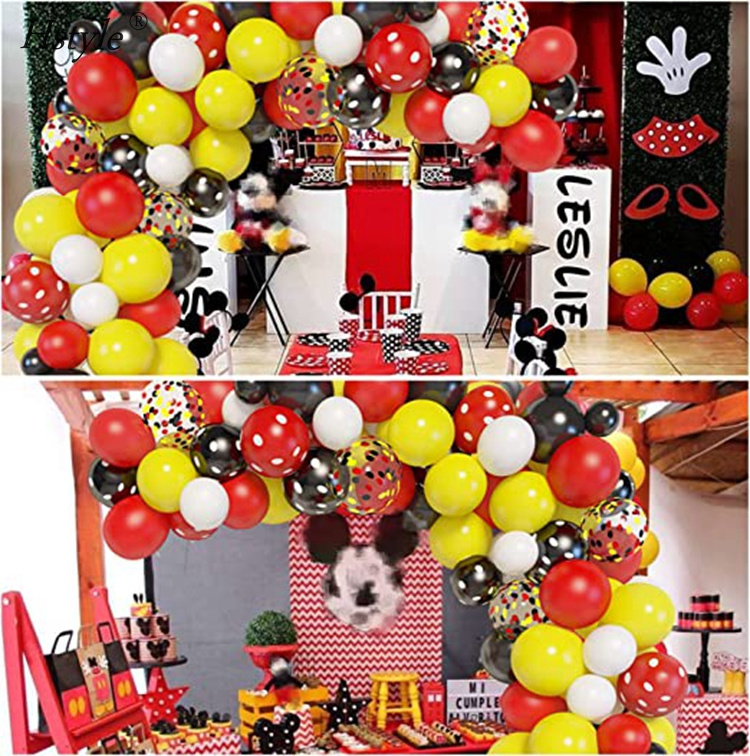 129 PCS Cartoon Mouse Balloons Arch Garland Kit, Black Red Yellow White Latex Balloons Foil Star Confetti Balloons SET632