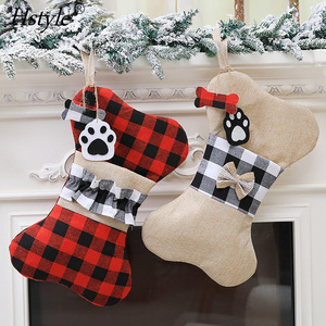 Pet Dog Christmas Stockings Buffalo Plaid Christmas Stockings Large Bone Shape Hanging Pets Stockings Dogs Xmas Decors SD2585