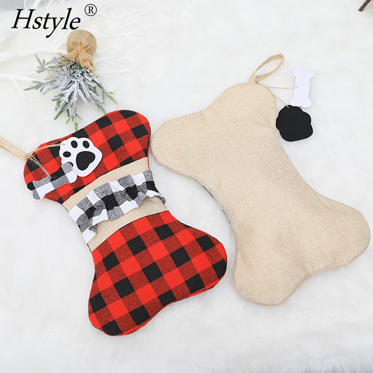 Pet Dog Christmas Stockings Buffalo Plaid Christmas Stockings Large Bone Shape Hanging Pets Stockings Dogs Xmas Decors SD2585