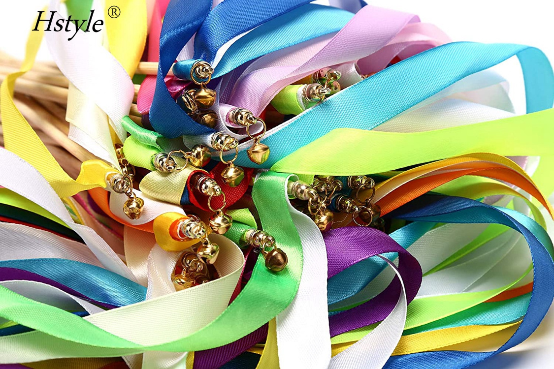 40 Pack Ribbon Wands Mix Color Ribbon Fairy Wands with Bell Silk Waving Party Streamers Wedding Birthday Props Dance SD1564