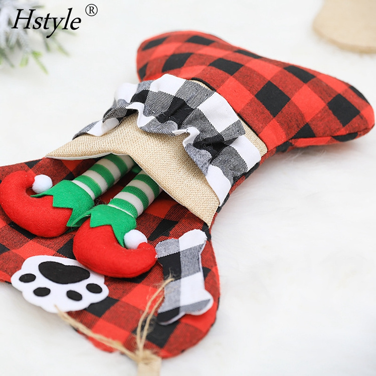 Pet Dog Christmas Stockings Buffalo Plaid Christmas Stockings Large Bone Shape Hanging Pets Stockings Dogs Xmas Decors SD2585