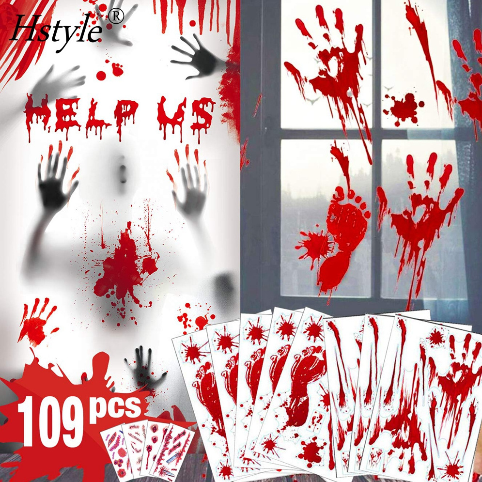 Bloody Handprint Footprint Halloween Decorations 109 PCS Window Clings Spooky Window Stickers for Halloween Party Decors SD982