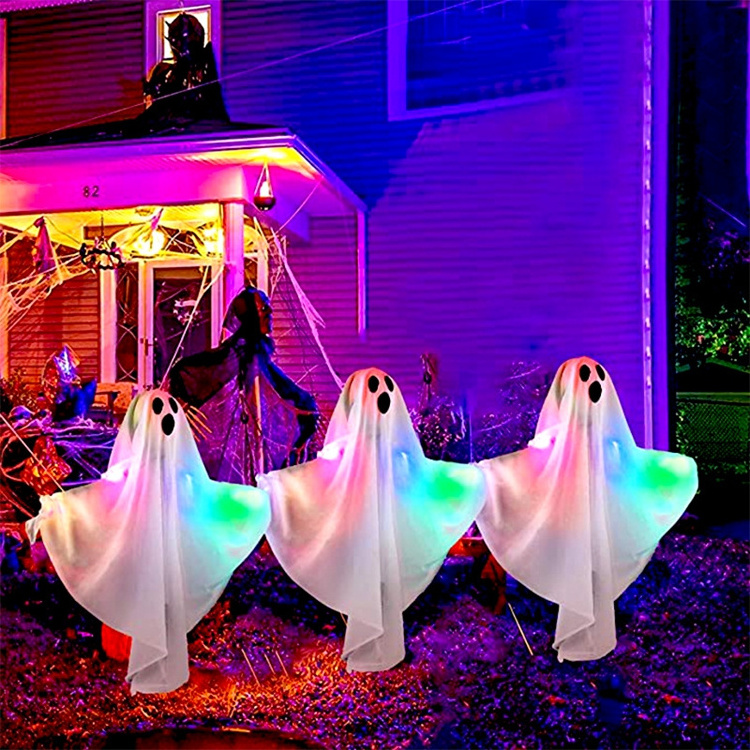 Hstyle Halloween Ghosts Decorations Lights Ghost Pathway Stake Lights Waterproof Halloween Ghost Yard Stakes for Marker Lighting