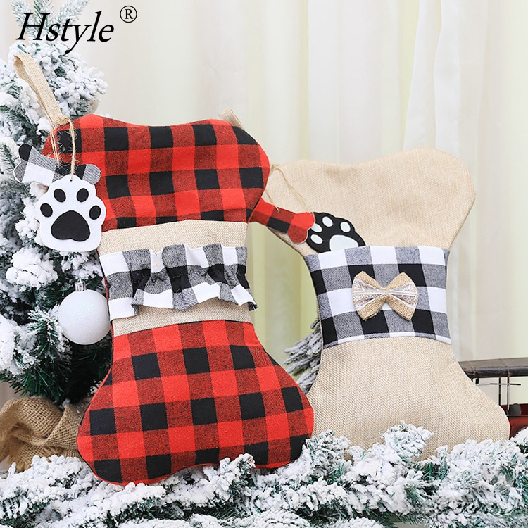 Pet Dog Christmas Stockings Buffalo Plaid Christmas Stockings Large Bone Shape Hanging Pets Stockings Dogs Xmas Decors SD2585