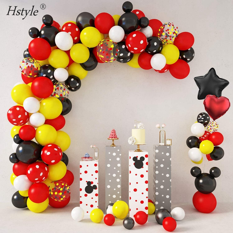 129 PCS Cartoon Mouse Balloons Arch Garland Kit, Black Red Yellow White Latex Balloons Foil Star Confetti Balloons SET632