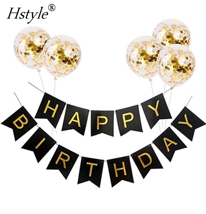 Gold Confetti Balloons 12inch Inflatable Birthday Balloon Black Happy Birthday Banner Birthday Party Decoration SET01S