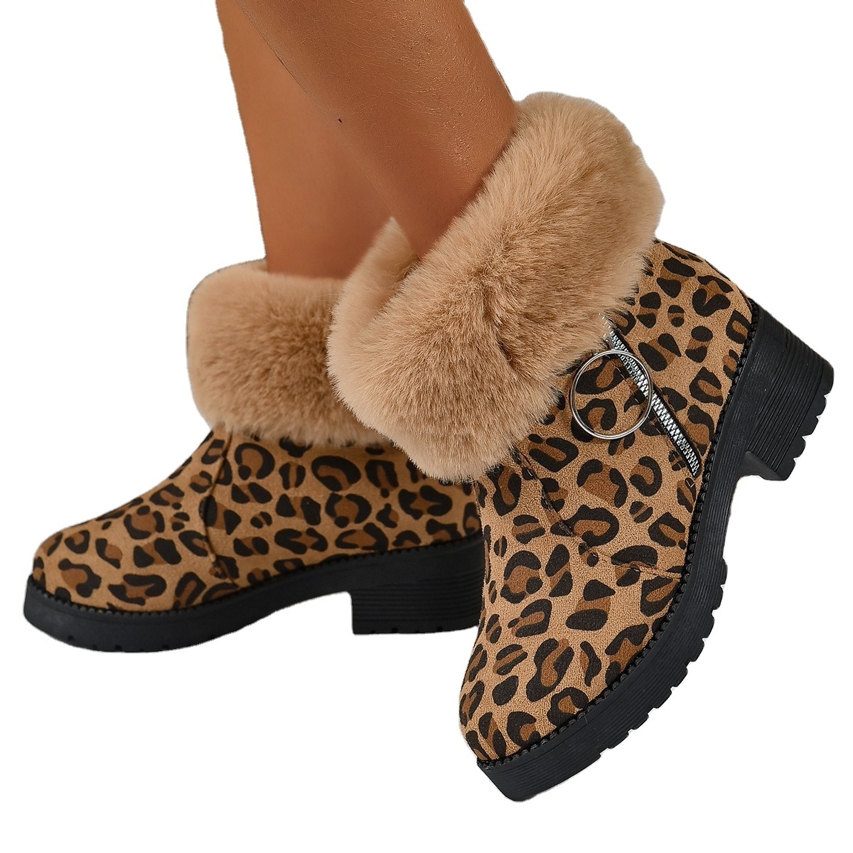 Popular women furry thick boot leopard print boots mixed fashion winter boots for ladies in bulk