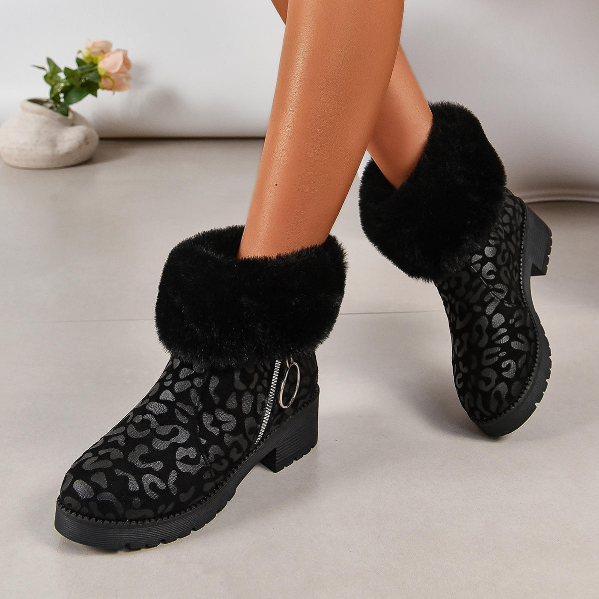 Popular women furry thick boot leopard print boots mixed fashion winter boots for ladies in bulk