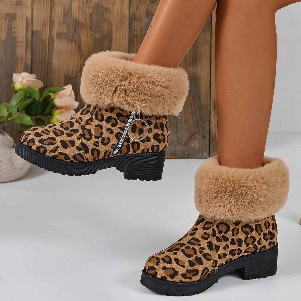 Popular women furry thick boot leopard print boots mixed fashion winter boots for ladies in bulk