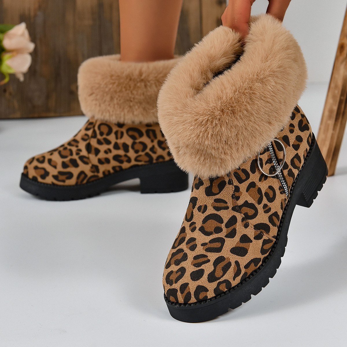 Popular women furry thick boot leopard print boots mixed fashion winter boots for ladies in bulk