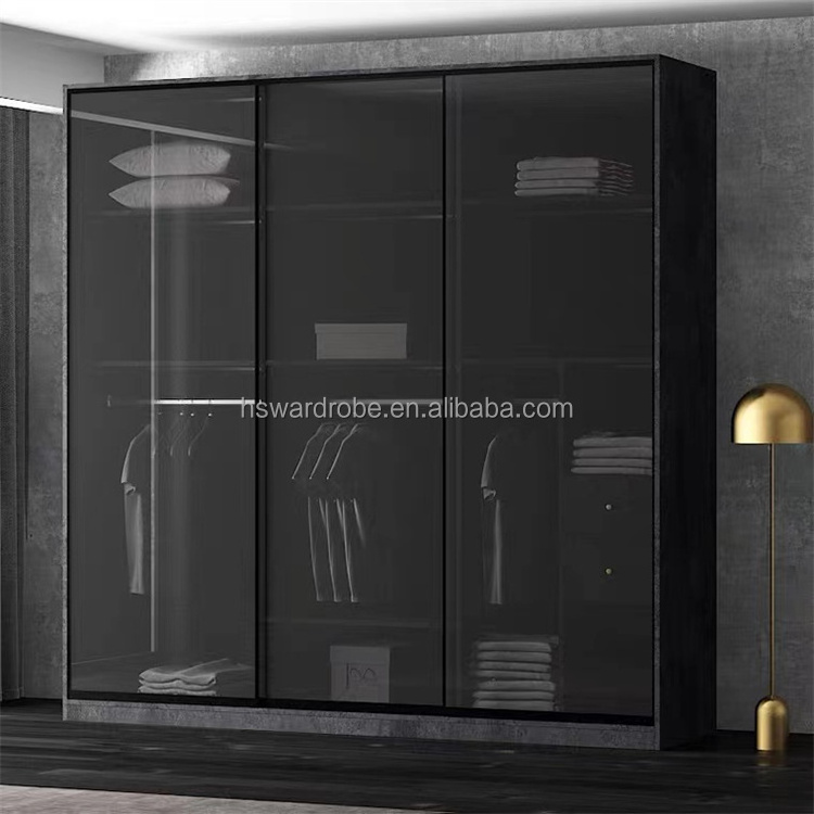 Aluminum Frame Glass Shelf Hanging Clothes Wardrobe Leather Covered Drawer Wardrobe Glass Armoire With Led Light