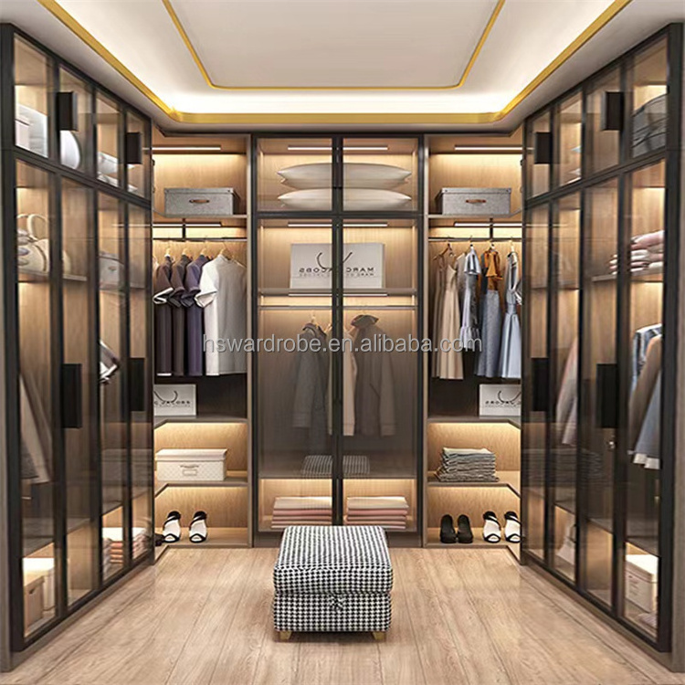 Factory supply classic luxury walk in closet wardrobe customized make glass door wardrobe design in bedrooms walk