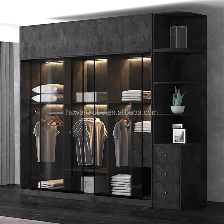 Aluminum Frame Glass Shelf Hanging Clothes Wardrobe Leather Covered Drawer Wardrobe Glass Armoire With Led Light