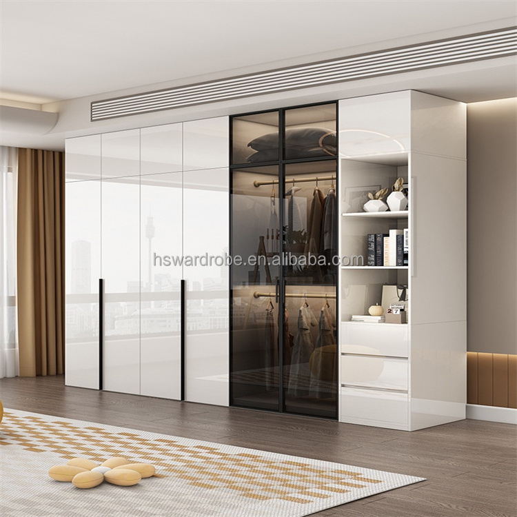 Factory Customized make solid wood plywood Wooden wardrobe  storage glass doors wooden wardrobe closet for Bedroom furniture