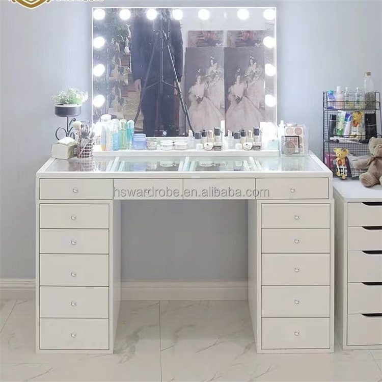 Factory OEM  modern glass dressing tables dressing table mirrors vanity table with led light makeup mirror