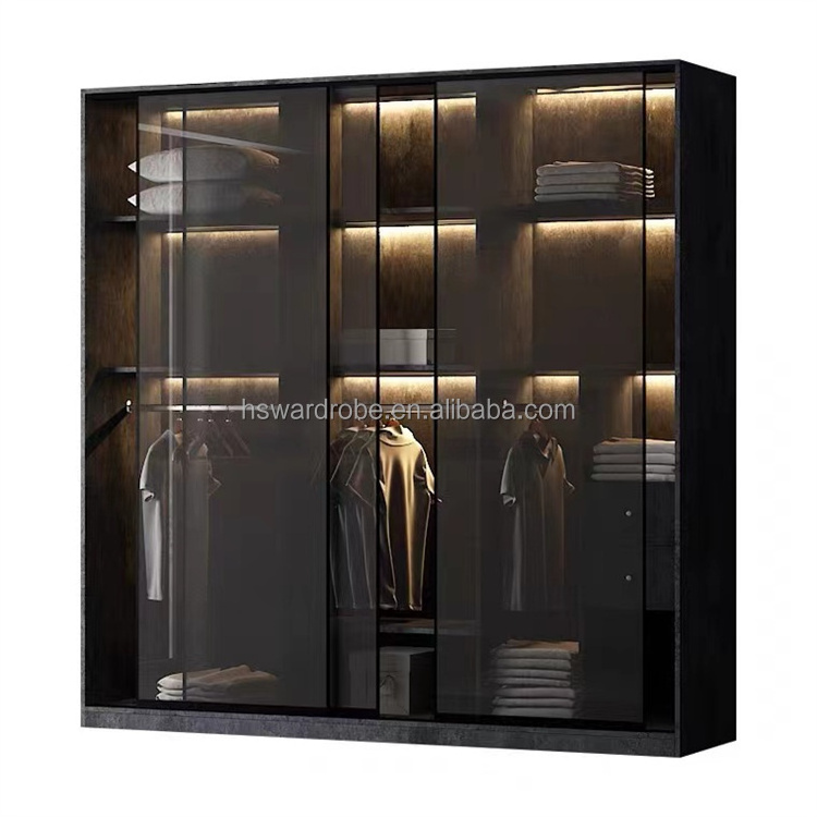 Aluminum Frame Glass Shelf Hanging Clothes Wardrobe Leather Covered Drawer Wardrobe Glass Armoire With Led Light