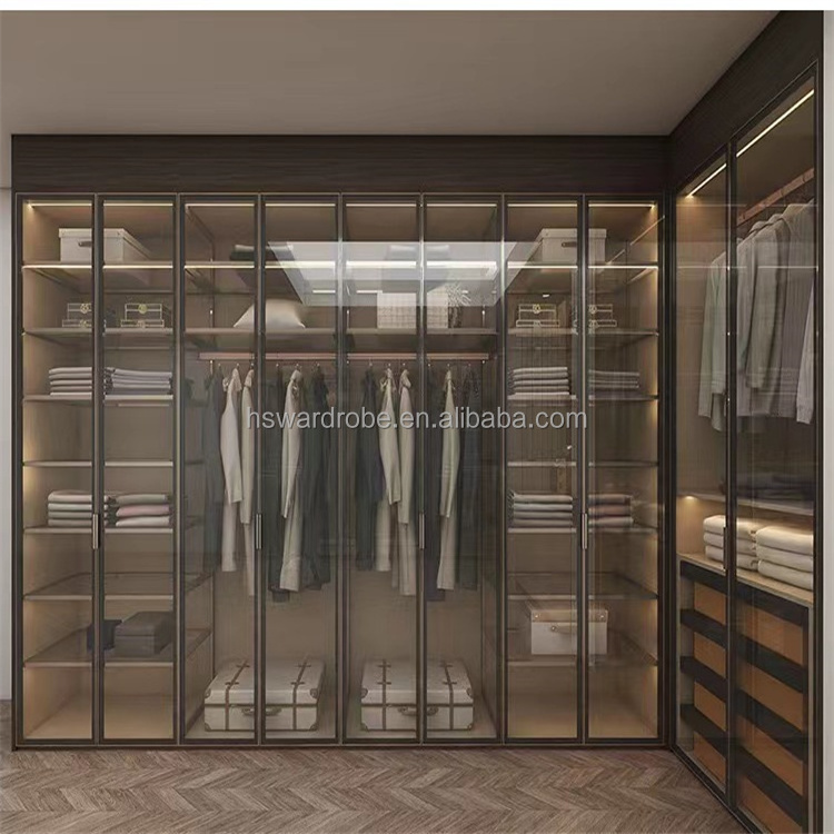 Factory supply classic luxury walk in closet wardrobe customized make glass door wardrobe design in bedrooms walk