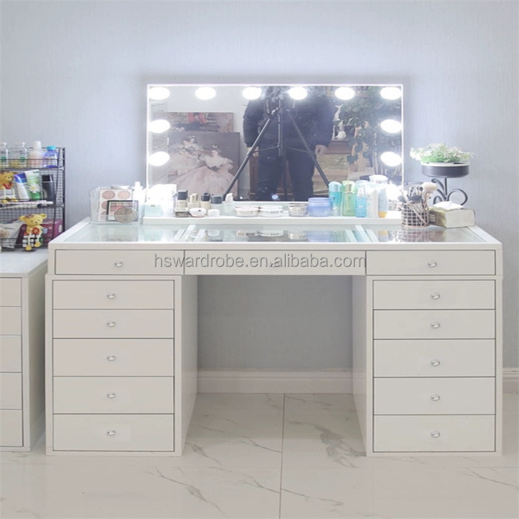 Factory OEM  modern glass dressing tables dressing table mirrors vanity table with led light makeup mirror