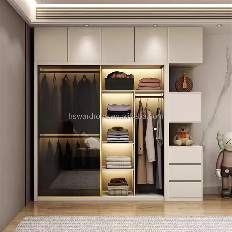 Aluminum Frame Glass Shelf Hanging Clothes Wardrobe Leather Covered Drawer Wardrobe Glass Armoire With Led Light