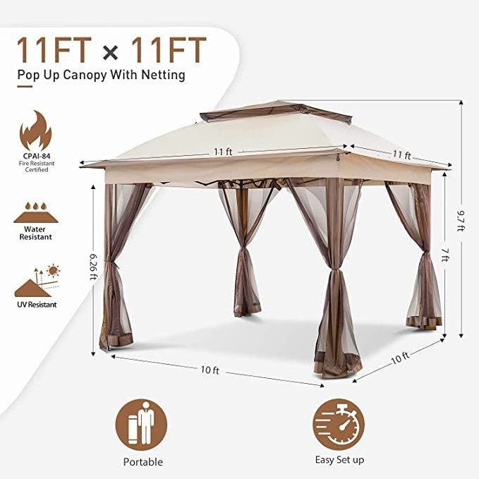 11x11' Pop-Up Instant Gazebo Tent with Mosquito Netting Outdoor Canopy Shelter