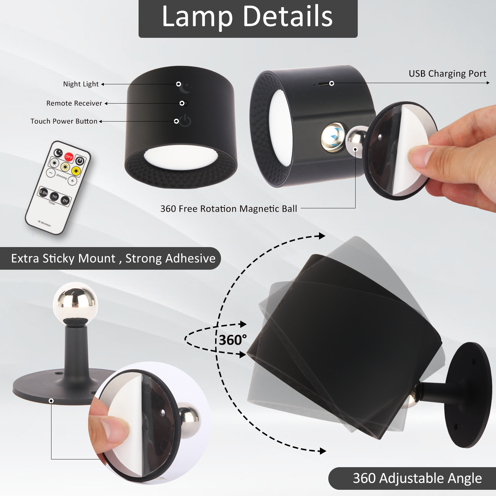 Multifunctional 5W 360 Degree Rotating Dimmable Touch Switch USB Rechargeable Magnetic Wall Mount Light LED Wall Reading Lamp