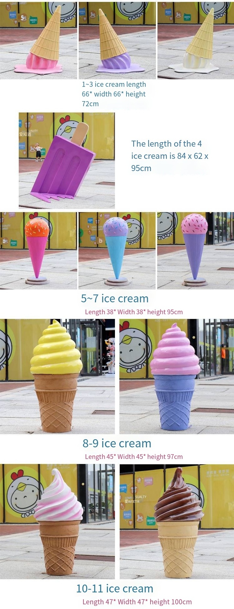 Giant Fiberglass Ice Cream Cone Props Sculpture  Ice cream Statue Resin Popsicle Sculpture for Ice Cream Shop Decoration