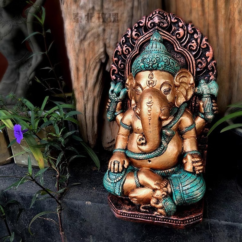 Custom made home fengshui decor meditating resin crafts, Indian standing Lord God Elephant Buddha Statue with halo