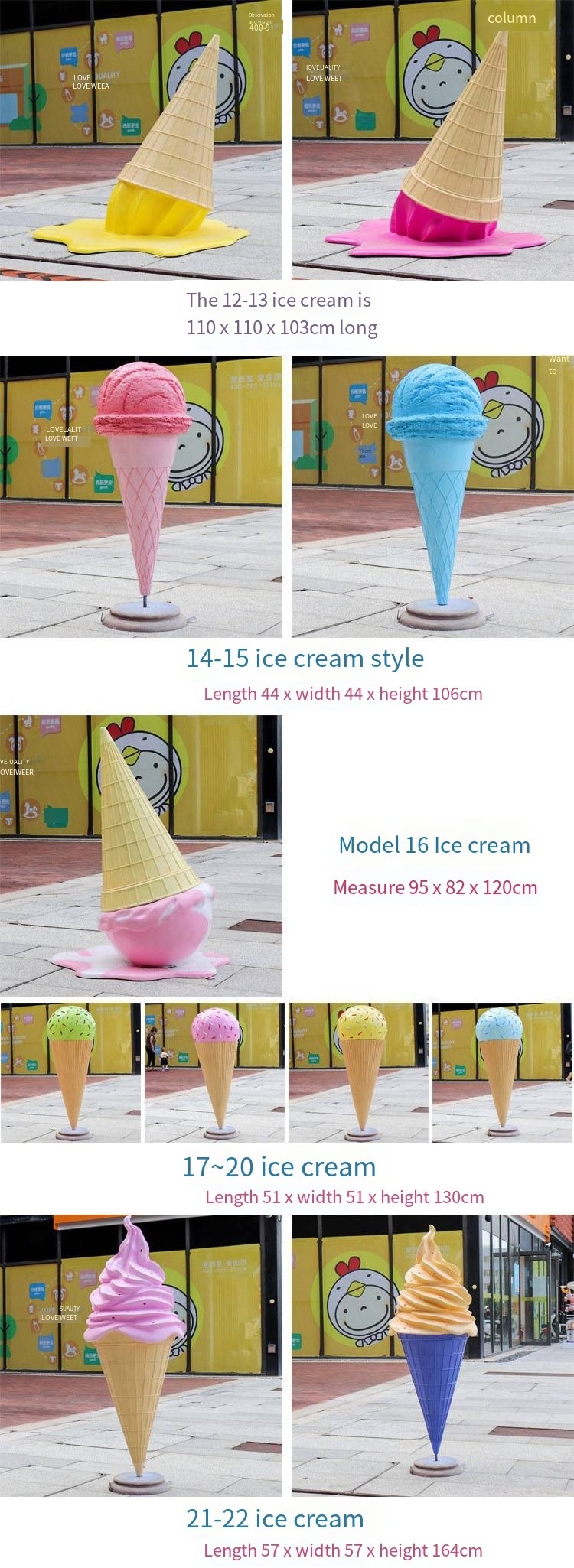 Giant Fiberglass Ice Cream Cone Props Sculpture  Ice cream Statue Resin Popsicle Sculpture for Ice Cream Shop Decoration