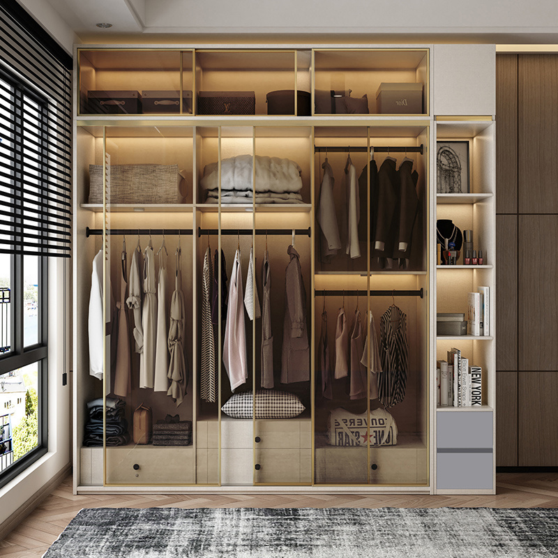 Minimalist Design Glass Sliding Door Combination Bedroom Storage Cabinet Wardrobe Closet