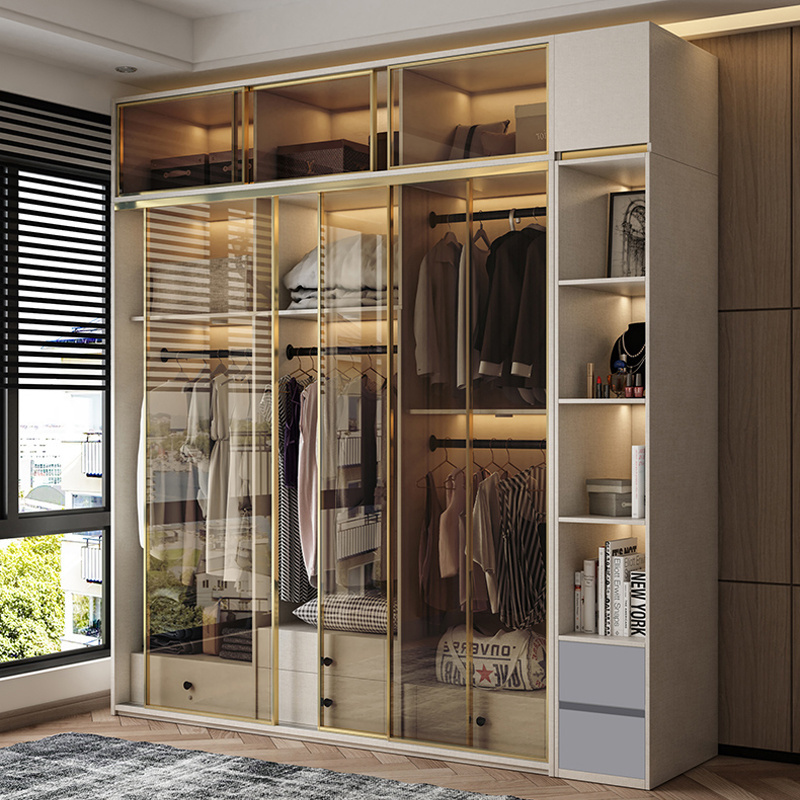 Minimalist Design Glass Sliding Door Combination Bedroom Storage Cabinet Wardrobe Closet